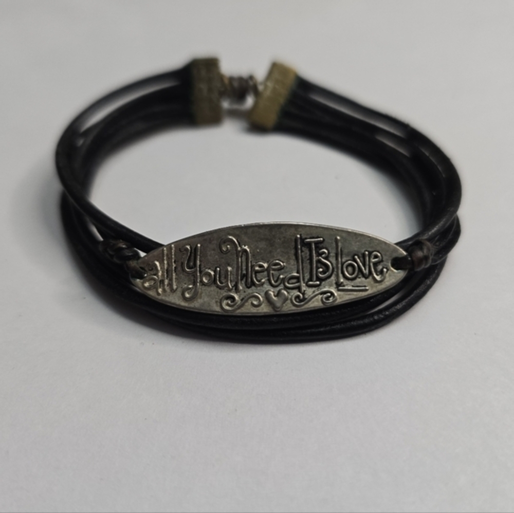 Brutalist All You Need Is Love Black Leather Bracelet with Silver‎ ID Plate